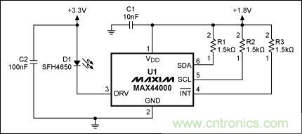 圖2：MAX44000典型電路，帶有發(fā)射器旁路