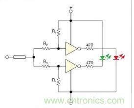 在雙門構(gòu)成的CMOS/TTL兼容探頭中，R1至R4電阻網(wǎng)絡(luò)對(duì)反相器輸入端做偏置