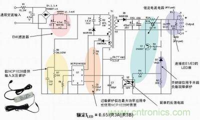 安森美半導(dǎo)體離線式第二代LED驅(qū)動器NCP1014/1028的應(yīng)用示意圖。