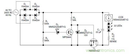 圖1：電路以恒流驅(qū)動一串LED，可用于全世界的各種交流電壓