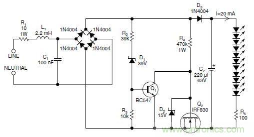 圖2：斬波工作類似圖1中的電路，但以較大的LED串聯(lián)電阻代替了恒流源，提供限流功能