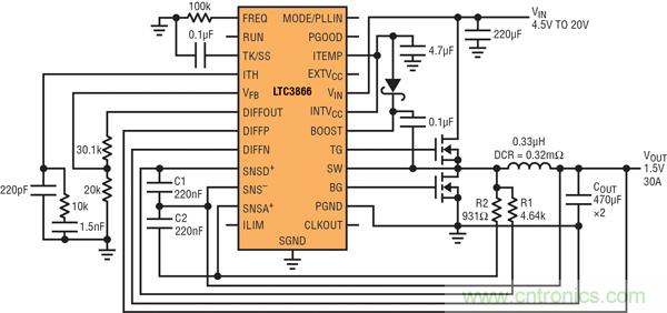 圖2：以非常低的DCR完成采樣的高效率、1.5V/30A降壓型轉換器