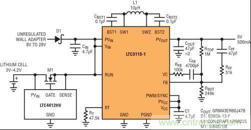 圖7：LTC3115-1與LTC4412HV相結(jié)合，以獲得由單節(jié)鋰離子電池和未穩(wěn)壓交流適配器提供的雙輸入5V電源