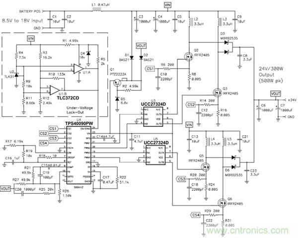 TPS40090 多相降壓控制器的 4 相、300W 升壓電源