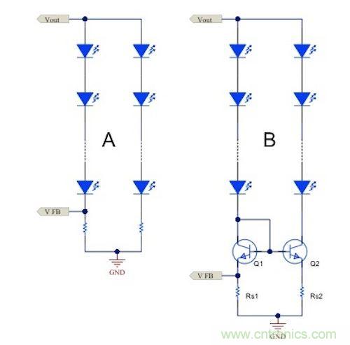 電流鏡 (B) 可針對簡單電阻器電流調(diào)節(jié) (A) 提供各種優(yōu)勢。