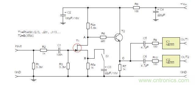 所示電路采用兩個(gè)工作在不同頻率下的555定時(shí)器，以獲取不同的音
