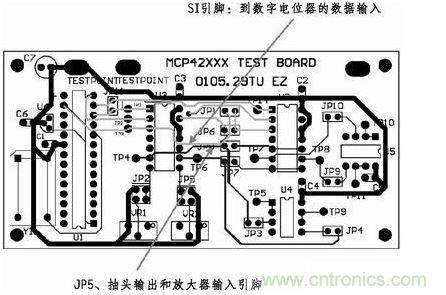 這是對圖2所示電路的第一次布線嘗試。此配置在模擬線路上產(chǎn)生不規(guī)律的噪聲，這是因為在特定數(shù)字走線上的數(shù)據(jù)輸入碼隨著數(shù)字電位器的編程需求而改變。