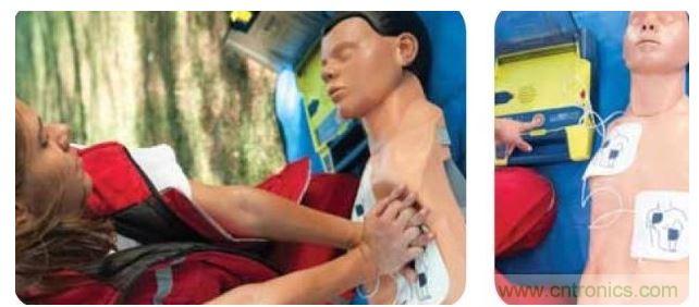 胸部按壓CPR(左圖)迫使血液循環(huán)，為大腦及其它生命器官供血，直到AED重啟心臟(右圖)。