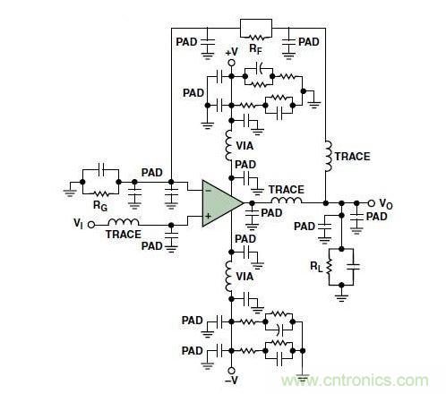 典型的運(yùn)算放大器電路，(a)原設(shè)計(jì)圖，(b)考慮寄生效應(yīng)后的圖
