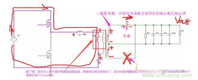 上管開(kāi)通，注意諧振電感、勵(lì)磁電感、諧振電容的正負(fù)