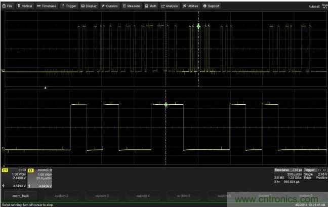 使用CustomDSO運(yùn)行VB腳本“zoom_Track.lss”。當(dāng)腳本運(yùn)行時(shí)，縮放波形的中心將跟蹤水平的光標(biāo)絕對(duì)位置。從圖中可以看出，光標(biāo)將永遠(yuǎn)位于縮放波形Z1的中心