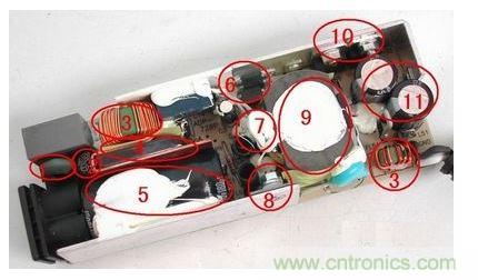 電源適配器的構(gòu)造  6 1. 壓敏電阻，其功能是當(dāng)外界電壓過(guò)高時(shí)，壓敏電阻阻值迅速變得很小，與壓敏電阻串聯(lián)的保險(xiǎn)絲被熔斷，從而保護(hù)其他電路不被燒壞。  2. 保險(xiǎn)絲，規(guī)格為2.5A/250V，當(dāng)電路中的電流過(guò)大時(shí)，保險(xiǎn)絲會(huì)熔斷以保護(hù)其他元件。  3. 電感線圈(又稱(chēng)扼流圈)，主要功能是降低電磁干擾。  4. 整流橋，規(guī)格為D3SB，作用是把220V交流電變?yōu)橹绷麟姟? 5. 濾波電容，規(guī)格為180μF/400V，作用是濾除直流電中的交流紋波，使電路工作更可靠。  6. 運(yùn)放IC(集成電路)，保護(hù)電路、電壓調(diào)節(jié)的重要組成部分。  7. 溫度探頭，用于探測(cè)電源適配器的內(nèi)部溫度，當(dāng)溫度高于某一設(shè)定值時(shí)(不同品牌的電源適配器，其設(shè)定的溫度閥值略有不同)，保護(hù)電路會(huì)切斷適配器的電壓輸出，從而保護(hù)適配器不受損壞。   8. 大功率開(kāi)關(guān)管，是開(kāi)關(guān)電源中的核心元件之一，開(kāi)關(guān)電源能“一開(kāi)一關(guān)”地工作，開(kāi)關(guān)管功不可沒(méi)。   9. 開(kāi)關(guān)變壓器，開(kāi)關(guān)電源中的核心元件之一。   10. 次級(jí)整流管，功能是把低壓交流電變?yōu)榈蛪褐绷麟?。在IBM的電源適配器中，整流管往往是由兩個(gè)大功率并聯(lián)工作的，以獲得較大的電流輸出。   11. 次級(jí)濾波電容，規(guī)格為820μF/ 25V，共有兩個(gè)，起濾除低壓直流電中的紋波的作用。  除上述元件外，電路板上還有可調(diào)電位器及其他阻容元件。