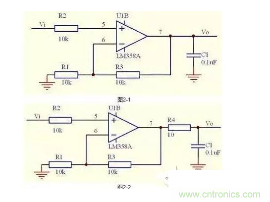 2、不要在運(yùn)放輸出直接并接電容