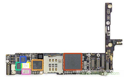 iPhone 6 Plus主板采用1GB RAM的蘋果A8 SoC作為核心部件。（來源：iFixit）