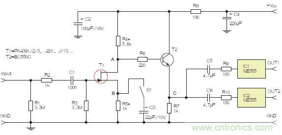 圖3：采用兩個(gè)工作在不同頻率下的555定時(shí)器電路，以獲取不同的音效。