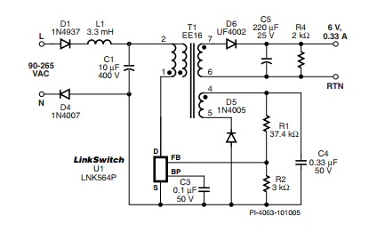 LinkSwitch-LP 系列旨在取代手機(jī)/無繩電話、PDA、數(shù)碼相機(jī)和便攜式音頻播放器等應(yīng)用中輸出功率 < 2.5 W 的低效線頻線性變壓器電源。LinkSwitch-LP 還可用作白色家電等應(yīng)用中的輔助電源。  LinkSwitch-LP 將高壓功率 MOSFET 開關(guān)與 ON/OFF 控制器集成在一個(gè)設(shè)備中。它完全由漏極引腳自供電，具有低 EMI 的抖動開關(guān)頻率，并且具有全面的故障保護(hù)。自動重啟可限制過載和輸出短路條件下的器件和電路耗散，而遲滯過溫保護(hù)會在熱故障期間禁用內(nèi)部 MOSFET。EcoSmart 技術(shù)使設(shè)計(jì)能夠輕松實(shí)現(xiàn) < 150 mW 的空載功耗，滿足能源效率要求。  LinkSwitch-LP 的設(shè)計(jì)目的是在輸出功率低于 2.5 W 時(shí)無需初級側(cè)鉗位電路，從而顯著減少組件數(shù)量和總系統(tǒng)成本。圖 1 顯示了基于 LinkSwitch-LP 的 2 W 電源，不帶初級側(cè)鉗位。LinkSwitch-LP 系列經(jīng)過優(yōu)化，當(dāng)變壓器上的輔助或偏置繞組提供反饋時(shí)，可提供近似的 CV/CC 輸出特性。這非常適合取代工頻變壓器的應(yīng)用，提供兼容的輸出特性，但過載、短路電流和輸入線電壓變化較小。  　  在無鉗位設(shè)計(jì)中使用 LinkSwitch-LP 的基本電路原理圖。  快速開始  　 LinkSwitch-LP 反激式設(shè)計(jì)流程圖