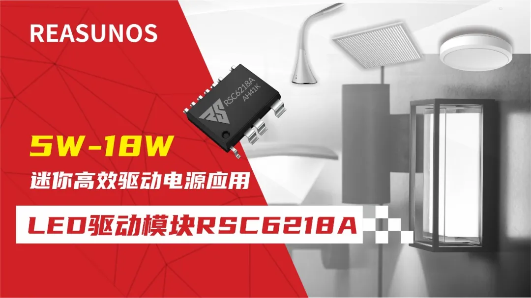 一、LED驅(qū)動模塊RSC6218A REASUNOS(瑞森半導(dǎo)體)通過持續(xù)投入研發(fā)，提升LLC應(yīng)用技術(shù)，集成控制芯片與功率轉(zhuǎn)換，成功推出新一代產(chǎn)品RSC6218A WSOP-16，延續(xù)瑞森LLC拓?fù)浞桨?，時(shí)機(jī)趨勢完全迎合我國雙碳政策，電氣特性契合新版國標(biāo)GB/T 17625.1-2022和歐盟新版ERP認(rèn)證EU2019/2020雙重法規(guī)，專為中小功率的產(chǎn)品提供優(yōu)秀的方案；接下來會分幾個(gè)篇章持續(xù)介紹新方案產(chǎn)品的應(yīng)用資料和設(shè)計(jì)實(shí)例分享：  RSC6218A功率模塊內(nèi)部集成CS-CP-LLC電源半橋模塊和功率轉(zhuǎn)換模塊，延續(xù)瑞森主題設(shè)計(jì)方向單級實(shí)現(xiàn)高PF無頻閃技術(shù)和LLC諧振軟開關(guān)技術(shù)方案：該型號適用于5-18W功率段；具備高轉(zhuǎn)換效率(90%+)，高PF(>0.96)，低THD(<10%)，小型化(縮小PCB面積10-25%)，通過優(yōu)化產(chǎn)品內(nèi)部設(shè)計(jì)提升產(chǎn)品內(nèi)部功率器件的開啟與關(guān)閉性能，避免干擾發(fā)生，最高工作頻率達(dá)200KHZ，實(shí)現(xiàn)WSOP-16封裝兼顧散熱與小型化；并且內(nèi)部可自動設(shè)置死區(qū)時(shí)間，讓方案可靠易設(shè)計(jì)。 產(chǎn)品可廣泛應(yīng)用于： 1.護(hù)眼系列燈具：如教室燈、辦公燈、護(hù)眼臺燈、壁燈、閱覽室燈等； 2.家居類燈具：如客廳燈、臥室燈、兒童房燈、廚房燈、走廊燈等； 3.軌道類燈具：地鐵照明、高鐵照明、隧道照明、車站照明等； 4.商照類燈具：筒燈、射燈、投射燈、 亮化燈、防爆燈等； 方案起到提供高效，穩(wěn)定，長壽命的作用。 二、產(chǎn)品功能框架  三、IC各PIN腳功能說明  PIN1 PGND 功率地，內(nèi)部是連接低邊MOS的S端地線； PIN2  NC  PIN3  HS 半橋MOS低邊漏極PIN； PIN4  HS 半橋MOS低邊漏極PIN； PIN5  HS 半橋MOS高邊源極PIN； PIN6  HS 半橋MOS高邊源極PIN； PIN7  NC  PIN8  HO 半橋MO高邊漏極； PIN9  HO 半橋MOS高邊漏極； PIN10 HB 半橋驅(qū)動高邊電源，通過外置的一個(gè)二極管與電容組成自舉回路，為高邊 MOS 的開啟提供電平； PIN11 VIN 高壓啟動的輸入腳，最高耐壓可達(dá)DC600V，啟動電流在1.7mA，一般應(yīng)用是從高壓電解處串接一個(gè)1206100K電阻引到PIN1，在整個(gè)環(huán)路還未建立起來時(shí)，是靠這個(gè)引腳的供電通過內(nèi)部連接到PIN6VCC，然后把VCC電容慢慢充電到芯片的啟動電壓后，芯片開始工作。整個(gè)環(huán)路建立起來后，VIN腳內(nèi)部關(guān)斷，VCC 通過外部變壓器輔助繞組供電維持正常工作； PIN12  VCC 信號電源引腳， 工作電壓范圍 8-20V，工作電流在 0.8mA，靜態(tài)工作電流是 720uA； PIN13  NC DT懸空腳； PIN14 FB  電壓反饋輸入，VFB中心值是1.2V，該引腳的功能主要是限定空載電壓的最大幅度，該芯片空載保護(hù)屬于打嗝模式，可以有效降低空載損耗，能效要求輕松符合小于0.5W的要求； PIN15  CS 電流采樣正弦波信號輸入該P(yáng)IN腳是通過線路中的互感電感采樣得到全波的正弦波信號， 通過電阻轉(zhuǎn)換為電壓信號后，輸入到CS PIN腳， 內(nèi)部連接到壓控振蕩器，根據(jù)輸入進(jìn)來的電壓幅值大小，以及正弦波的頻率，壓控振蕩器輸出對應(yīng)的方波來控制LG與HG端的MOS開關(guān)頻率，實(shí)現(xiàn)恒流調(diào)節(jié)控制； PIN16  AGND 信號地參考電平，主要連接 VCC，F(xiàn)B 對應(yīng) PIN 腳的元件地線。 四、關(guān)鍵PIN腳參數(shù)設(shè)定范圍  五、典型應(yīng)用原理圖  關(guān)注瑞森半導(dǎo)體公眾號，接下來持續(xù)分享具體案例的設(shè)計(jì)參考文檔，攜手各伙伴們實(shí)現(xiàn)新版國標(biāo)GB/T17625.1-2022的順利達(dá)標(biāo)，為工程師縮短開發(fā)周期，讓工廠端得到滿意的產(chǎn)品，給客戶一個(gè)滿意的答卷，得到需要的利潤空間。