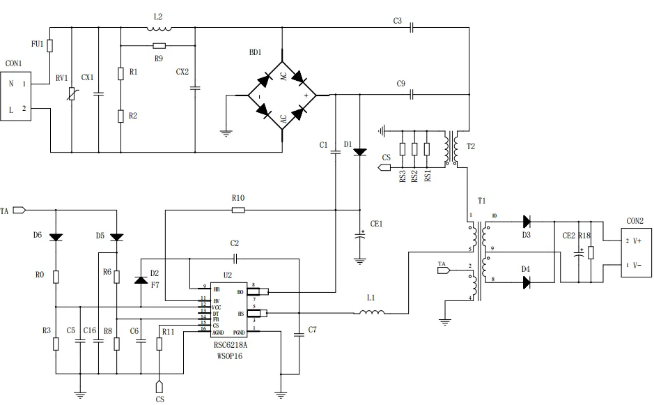 一、LED驅(qū)動模塊RSC6218A REASUNOS(瑞森半導(dǎo)體)通過持續(xù)投入研發(fā)，提升LLC應(yīng)用技術(shù)，集成控制芯片與功率轉(zhuǎn)換，成功推出新一代產(chǎn)品RSC6218A WSOP-16，延續(xù)瑞森LLC拓?fù)浞桨?，時(shí)機(jī)趨勢完全迎合我國雙碳政策，電氣特性契合新版國標(biāo)GB/T 17625.1-2022和歐盟新版ERP認(rèn)證EU2019/2020雙重法規(guī)，專為中小功率的產(chǎn)品提供優(yōu)秀的方案；接下來會分幾個(gè)篇章持續(xù)介紹新方案產(chǎn)品的應(yīng)用資料和設(shè)計(jì)實(shí)例分享：  RSC6218A功率模塊內(nèi)部集成CS-CP-LLC電源半橋模塊和功率轉(zhuǎn)換模塊，延續(xù)瑞森主題設(shè)計(jì)方向單級實(shí)現(xiàn)高PF無頻閃技術(shù)和LLC諧振軟開關(guān)技術(shù)方案：該型號適用于5-18W功率段；具備高轉(zhuǎn)換效率(90%+)，高PF(>0.96)，低THD(<10%)，小型化(縮小PCB面積10-25%)，通過優(yōu)化產(chǎn)品內(nèi)部設(shè)計(jì)提升產(chǎn)品內(nèi)部功率器件的開啟與關(guān)閉性能，避免干擾發(fā)生，最高工作頻率達(dá)200KHZ，實(shí)現(xiàn)WSOP-16封裝兼顧散熱與小型化；并且內(nèi)部可自動設(shè)置死區(qū)時(shí)間，讓方案可靠易設(shè)計(jì)。 產(chǎn)品可廣泛應(yīng)用于： 1.護(hù)眼系列燈具：如教室燈、辦公燈、護(hù)眼臺燈、壁燈、閱覽室燈等； 2.家居類燈具：如客廳燈、臥室燈、兒童房燈、廚房燈、走廊燈等； 3.軌道類燈具：地鐵照明、高鐵照明、隧道照明、車站照明等； 4.商照類燈具：筒燈、射燈、投射燈、 亮化燈、防爆燈等； 方案起到提供高效，穩(wěn)定，長壽命的作用。 二、產(chǎn)品功能框架  三、IC各PIN腳功能說明  PIN1 PGND 功率地，內(nèi)部是連接低邊MOS的S端地線； PIN2  NC  PIN3  HS 半橋MOS低邊漏極PIN； PIN4  HS 半橋MOS低邊漏極PIN； PIN5  HS 半橋MOS高邊源極PIN； PIN6  HS 半橋MOS高邊源極PIN； PIN7  NC  PIN8  HO 半橋MO高邊漏極； PIN9  HO 半橋MOS高邊漏極； PIN10 HB 半橋驅(qū)動高邊電源，通過外置的一個(gè)二極管與電容組成自舉回路，為高邊 MOS 的開啟提供電平； PIN11 VIN 高壓啟動的輸入腳，最高耐壓可達(dá)DC600V，啟動電流在1.7mA，一般應(yīng)用是從高壓電解處串接一個(gè)1206100K電阻引到PIN1，在整個(gè)環(huán)路還未建立起來時(shí)，是靠這個(gè)引腳的供電通過內(nèi)部連接到PIN6VCC，然后把VCC電容慢慢充電到芯片的啟動電壓后，芯片開始工作。整個(gè)環(huán)路建立起來后，VIN腳內(nèi)部關(guān)斷，VCC 通過外部變壓器輔助繞組供電維持正常工作； PIN12  VCC 信號電源引腳， 工作電壓范圍 8-20V，工作電流在 0.8mA，靜態(tài)工作電流是 720uA； PIN13  NC DT懸空腳； PIN14 FB  電壓反饋輸入，VFB中心值是1.2V，該引腳的功能主要是限定空載電壓的最大幅度，該芯片空載保護(hù)屬于打嗝模式，可以有效降低空載損耗，能效要求輕松符合小于0.5W的要求； PIN15  CS 電流采樣正弦波信號輸入該P(yáng)IN腳是通過線路中的互感電感采樣得到全波的正弦波信號， 通過電阻轉(zhuǎn)換為電壓信號后，輸入到CS PIN腳， 內(nèi)部連接到壓控振蕩器，根據(jù)輸入進(jìn)來的電壓幅值大小，以及正弦波的頻率，壓控振蕩器輸出對應(yīng)的方波來控制LG與HG端的MOS開關(guān)頻率，實(shí)現(xiàn)恒流調(diào)節(jié)控制； PIN16  AGND 信號地參考電平，主要連接 VCC，F(xiàn)B 對應(yīng) PIN 腳的元件地線。 四、關(guān)鍵PIN腳參數(shù)設(shè)定范圍  五、典型應(yīng)用原理圖  關(guān)注瑞森半導(dǎo)體公眾號，接下來持續(xù)分享具體案例的設(shè)計(jì)參考文檔，攜手各伙伴們實(shí)現(xiàn)新版國標(biāo)GB/T17625.1-2022的順利達(dá)標(biāo)，為工程師縮短開發(fā)周期，讓工廠端得到滿意的產(chǎn)品，給客戶一個(gè)滿意的答卷，得到需要的利潤空間。