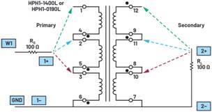   材料  ? ADALM2000主動學習模塊 ? 無焊試驗板和跳線套件 ? 一臺HPH1-1400L 6繞組變壓器 ? 一臺HPH1-0190L 6繞組變壓器 ? 兩個100 Ω電阻  說明  在無焊試驗板上構(gòu)建圖2所示的電路。需要使用此設(shè)置來測量初級/次級匝數(shù)比為1:1的三種不同配置下，兩個變壓器型號各自的頻率響應(yīng)。兩個紅色箭頭表示在初級和次級使用同一個線圈的配置中連接源電阻和負載電阻的位置。藍色箭頭對應(yīng)的是在初級和次級使用兩個串聯(lián)線圈的配置。綠色箭頭對應(yīng)的是在初級和次級使用三個串聯(lián)線圈的配置。